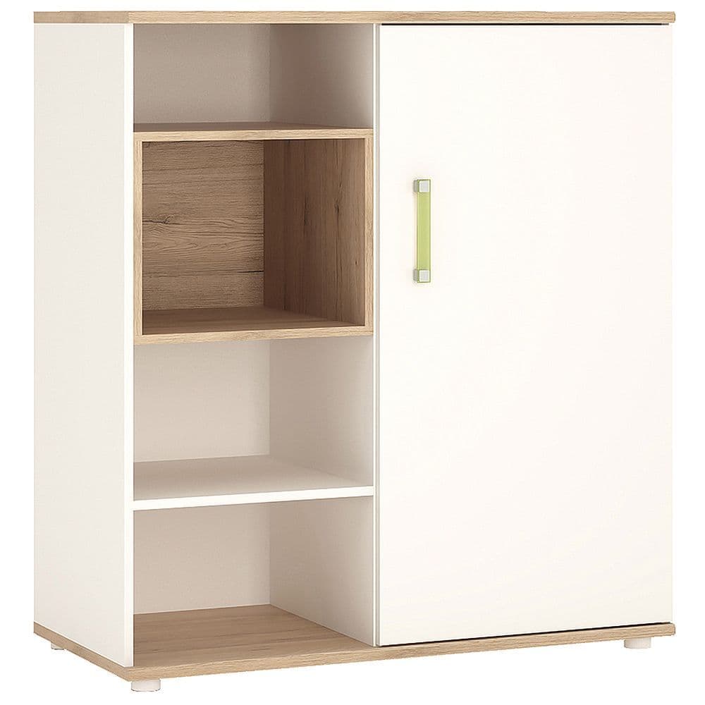 Kinder Low Cabinet with shelves (Sliding Door) in Light Oak and white High Gloss (lemon handles)